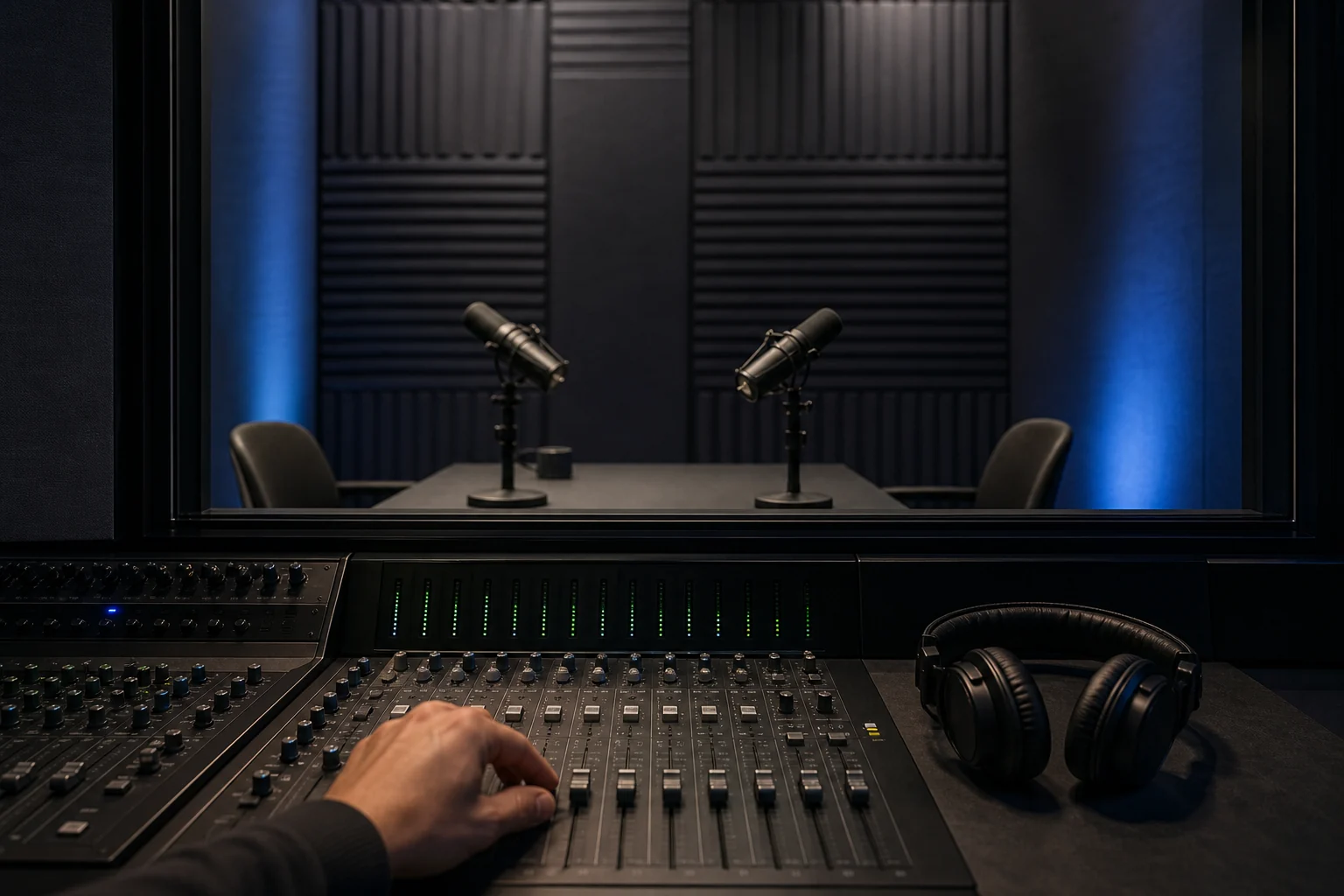 Illustrative podcast studio with two microphones and a mixing desk