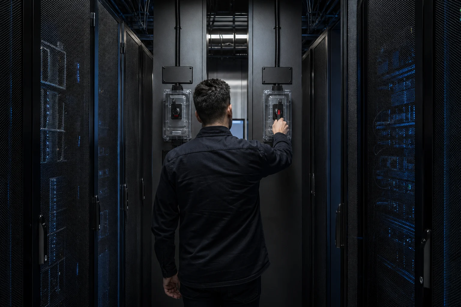 Illustrative engineer operating a physical isolation switch in a secure data centre